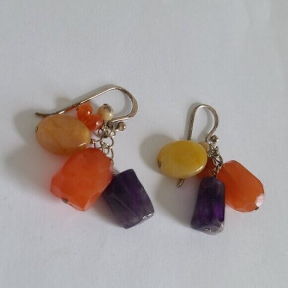 Vintage 80s Boho Barse Sterling Silver Amethyst Gemstone Beaded Dangle Earrings - Picture 4 of 10